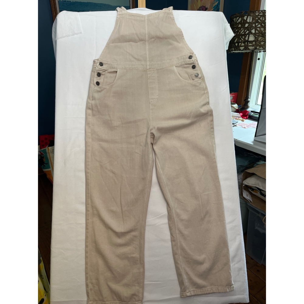 Mustard Seed Womens Beige Denim Overalls Straight Leg Tie Back Tan Size M